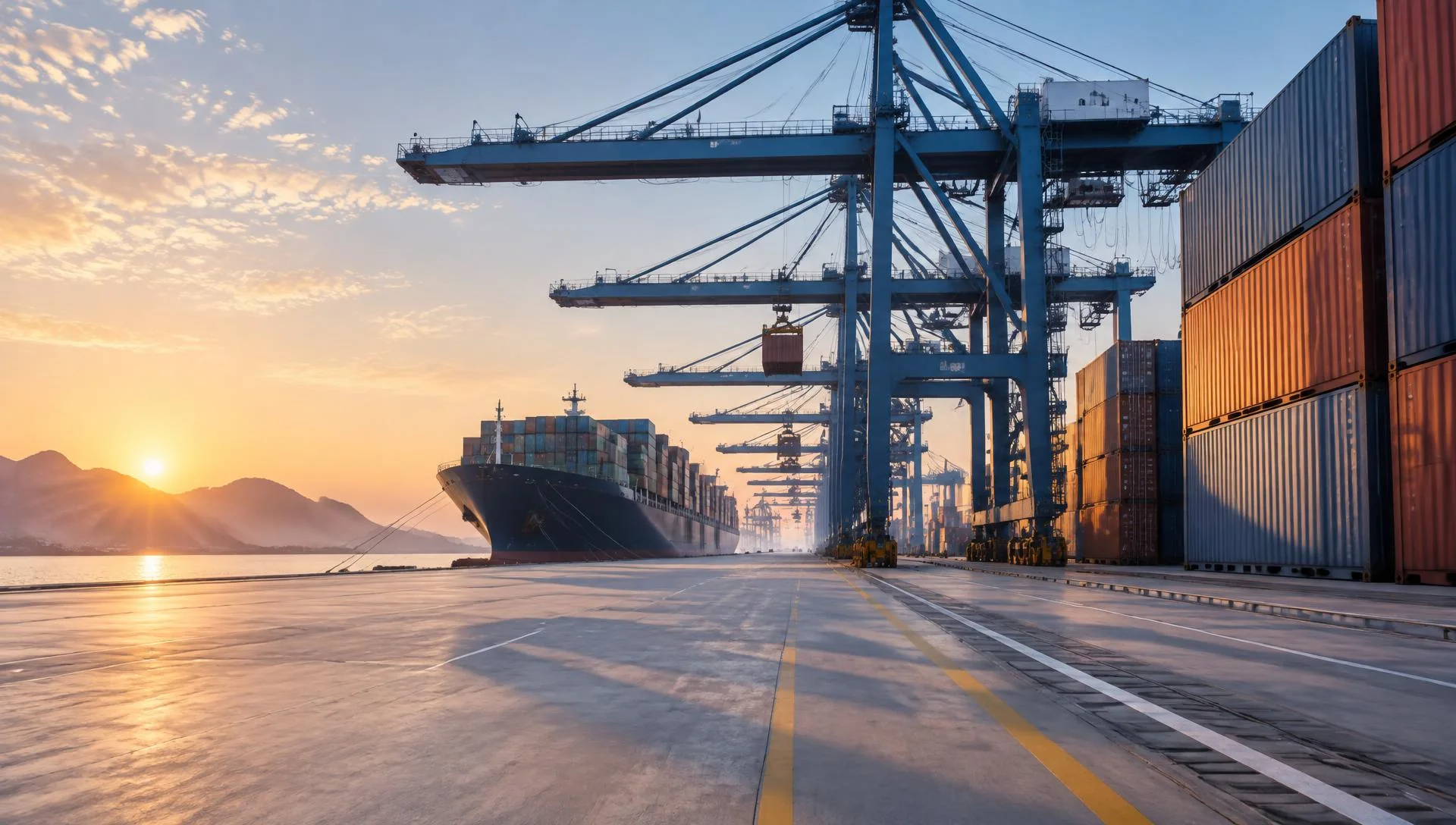 Industrial logistics port at sunrise, conceptual imagery
