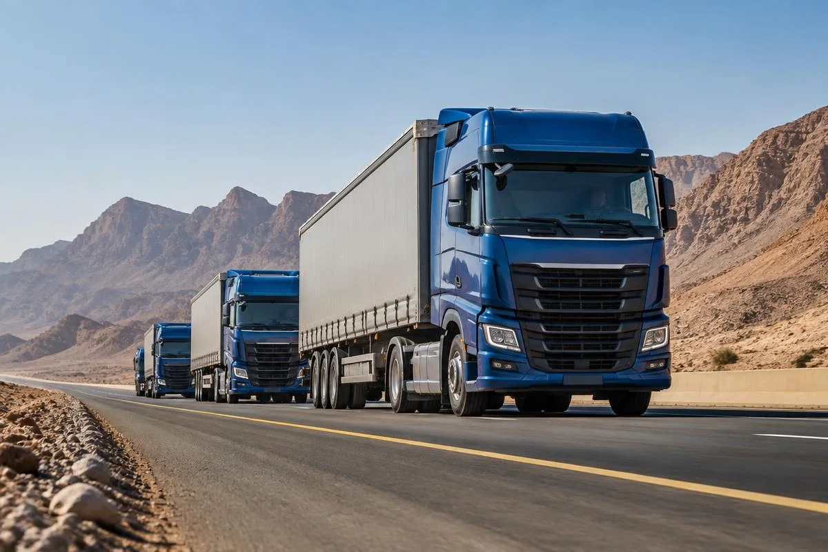 Freight trucks travelling through an arid landscape, conceptual imagery